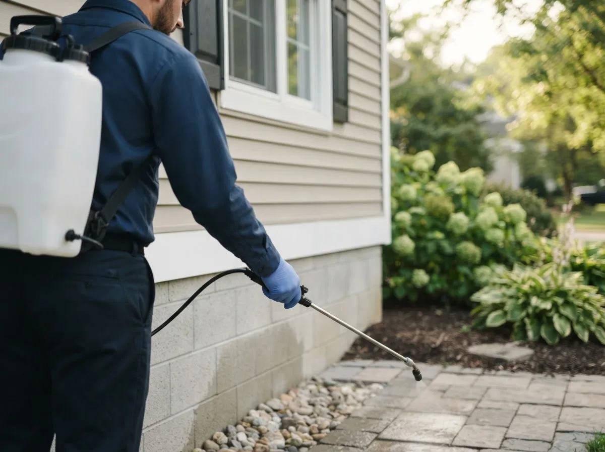 Pest control technician inspecting a home in Fifty Six, AR
